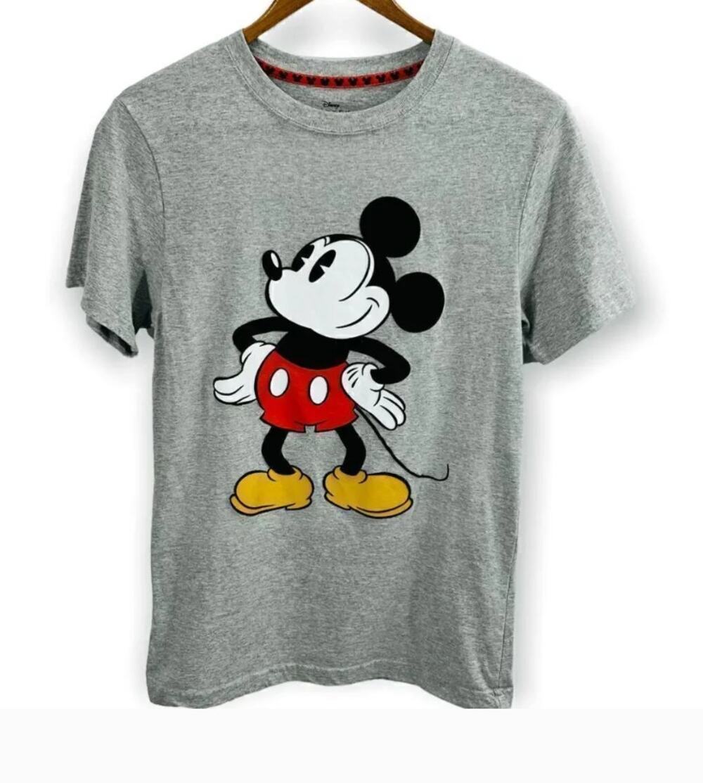 Disney‎ Mickey Mouse Flocked Graphic T Shirt S Gray Classic Cartoon Disneycore